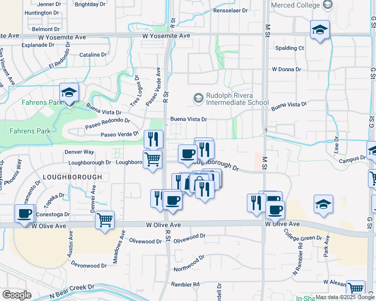 map of restaurants, bars, coffee shops, grocery stores, and more near 1033 Loughborough Drive in Merced