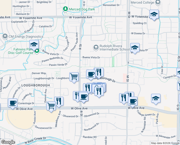 map of restaurants, bars, coffee shops, grocery stores, and more near 1019 Loughborough Drive in Merced