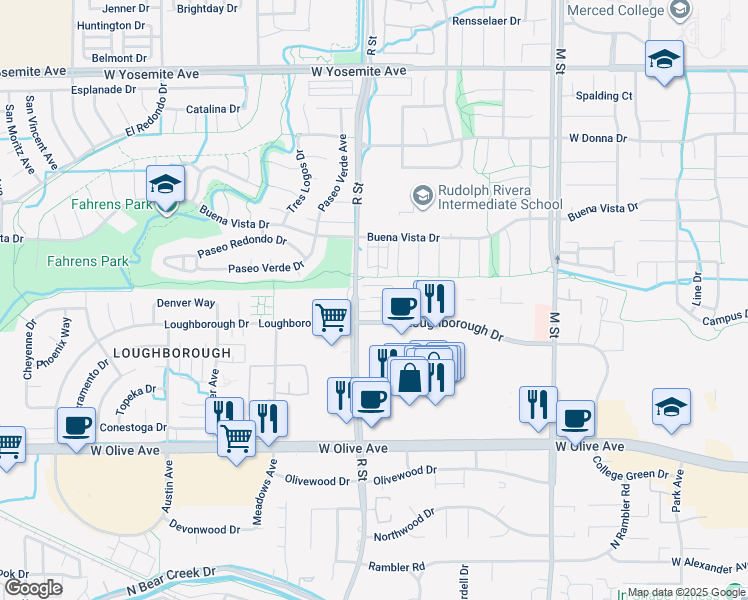 map of restaurants, bars, coffee shops, grocery stores, and more near 3329 Santa Rosa Court in Merced