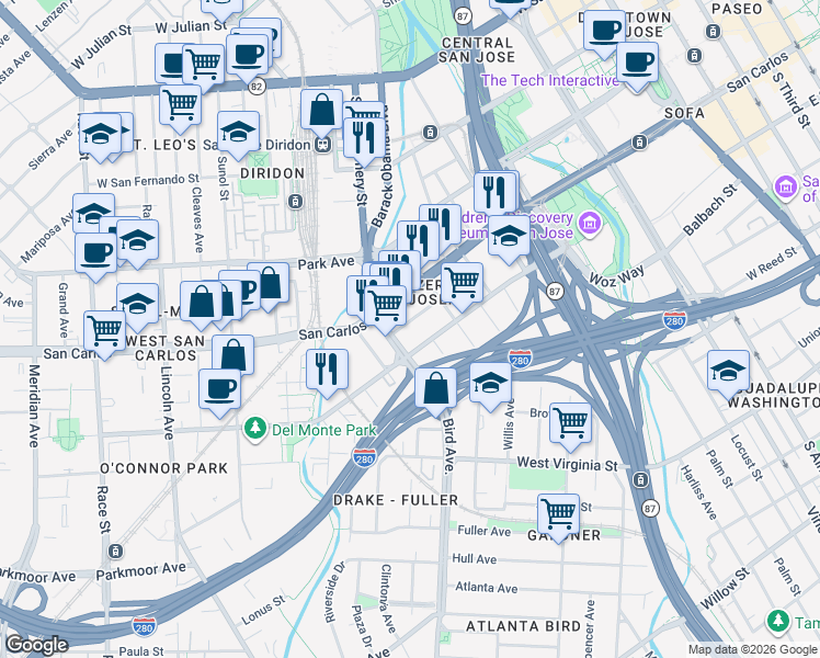 map of restaurants, bars, coffee shops, grocery stores, and more near 561 Columbia Avenue in San Jose