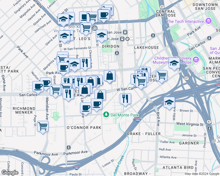 map of restaurants, bars, coffee shops, grocery stores, and more near 805 West San Carlos Street in San Jose