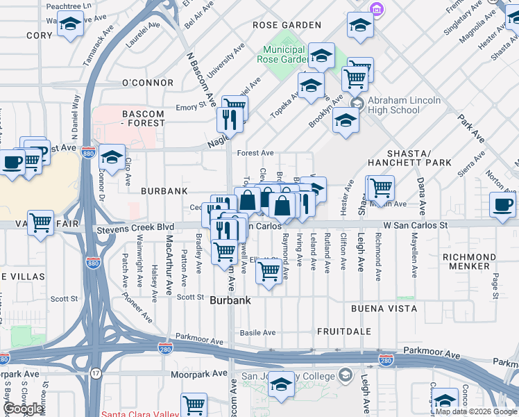 map of restaurants, bars, coffee shops, grocery stores, and more near 50 Topeka Avenue in San Jose