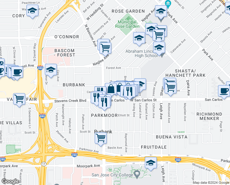 map of restaurants, bars, coffee shops, grocery stores, and more near 50 Topeka Avenue in San Jose
