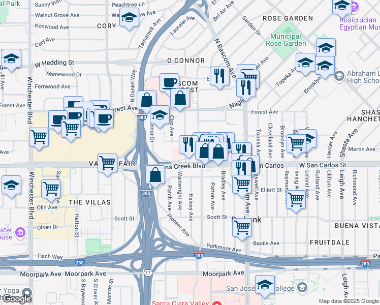 map of restaurants, bars, coffee shops, grocery stores, and more near 225 Bellerose Drive in San Jose