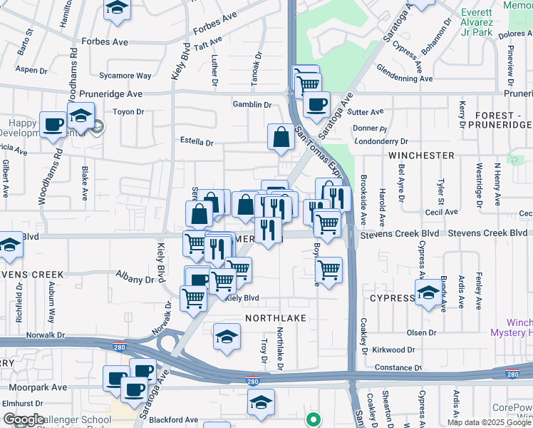 map of restaurants, bars, coffee shops, grocery stores, and more near 70 Saratoga Avenue in Santa Clara