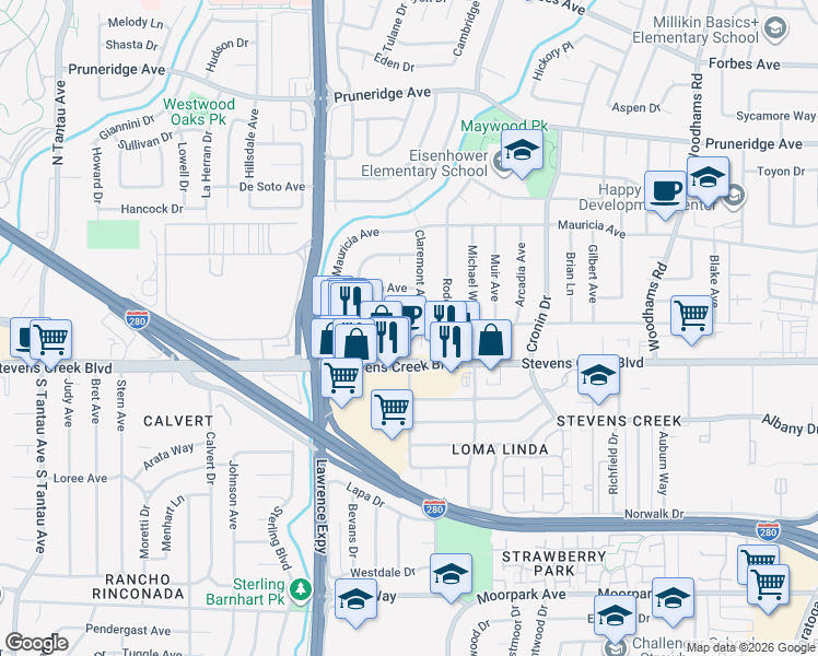 map of restaurants, bars, coffee shops, grocery stores, and more near 92 Claremont Avenue in Santa Clara