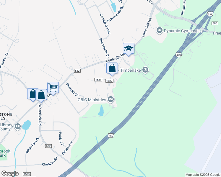 map of restaurants, bars, coffee shops, grocery stores, and more near 220 Lilac Lane in Lynchburg