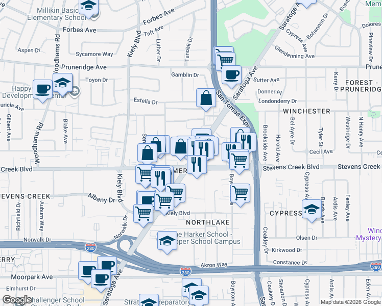 map of restaurants, bars, coffee shops, grocery stores, and more near 50 Saratoga Avenue in Santa Clara