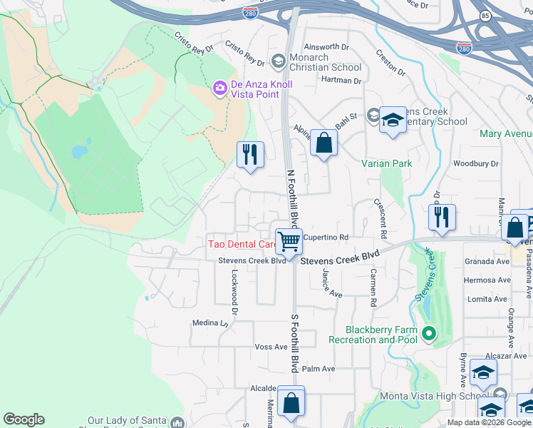 map of restaurants, bars, coffee shops, grocery stores, and more near 10111 Westminster Court in Cupertino