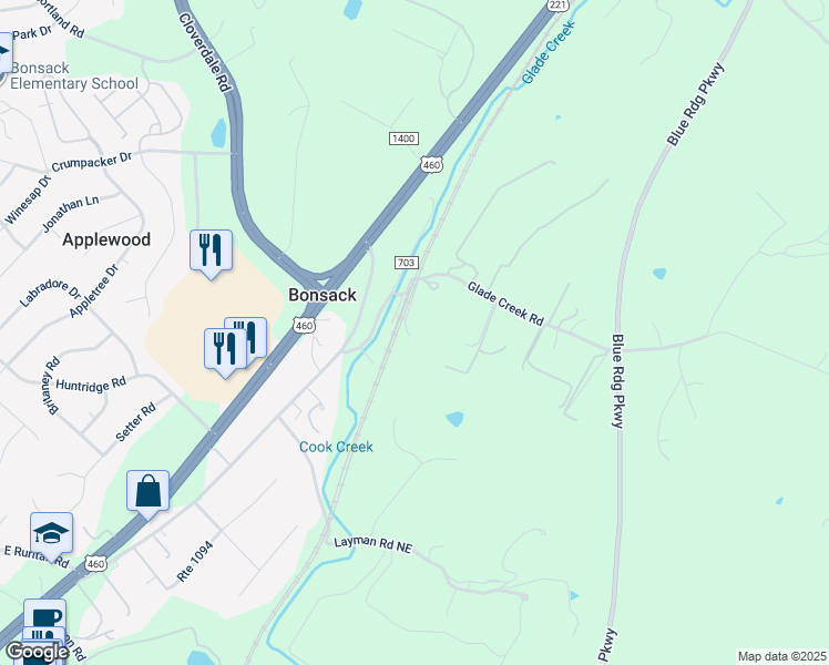 map of restaurants, bars, coffee shops, grocery stores, and more near 4854 Sidetrack Road in Roanoke