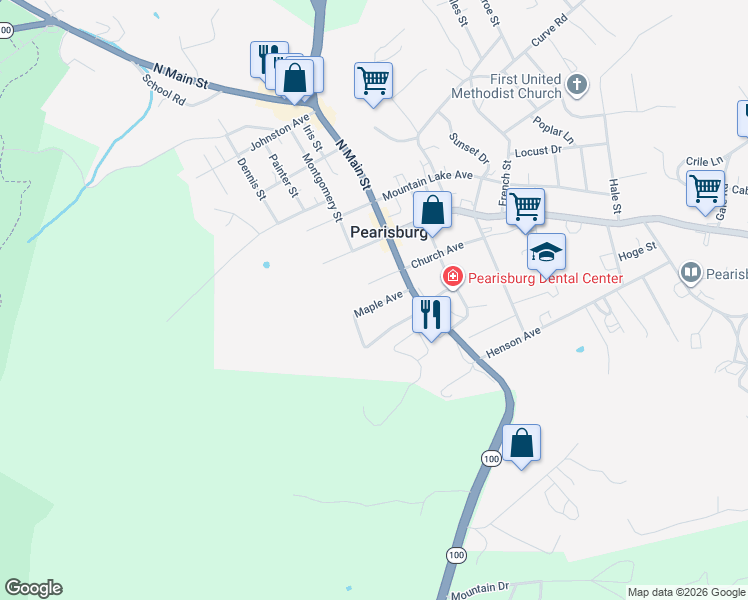 map of restaurants, bars, coffee shops, grocery stores, and more near 408 Church Avenue in Pearisburg