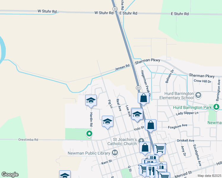 map of restaurants, bars, coffee shops, grocery stores, and more near 548 Real Court in Newman