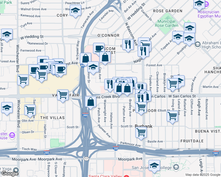 map of restaurants, bars, coffee shops, grocery stores, and more near 240 Di Salvo Avenue in San Jose