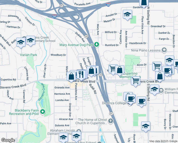 map of restaurants, bars, coffee shops, grocery stores, and more near Santa Clara Avenue & Grand Avenue in Cupertino