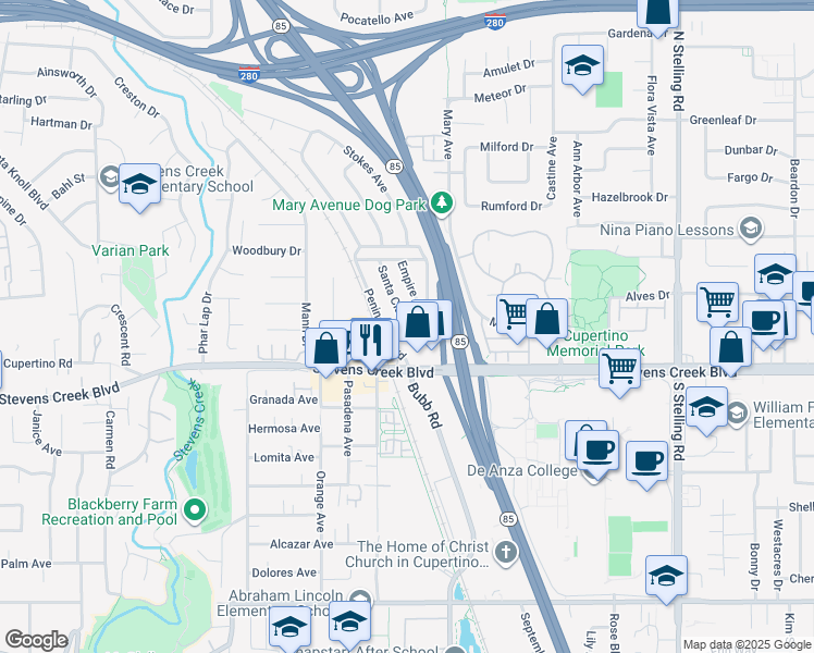 map of restaurants, bars, coffee shops, grocery stores, and more near Santa Clara Avenue & Grand Avenue in Cupertino