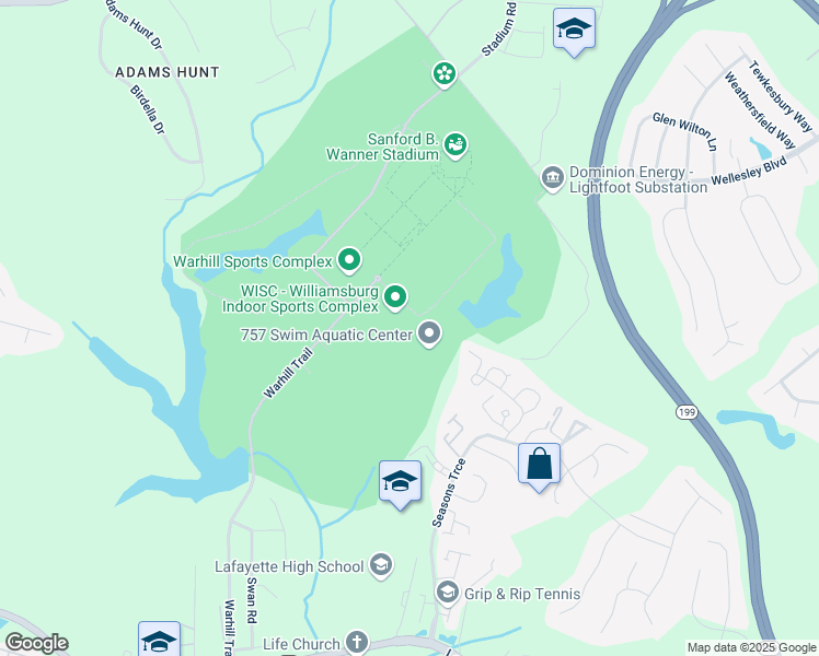 map of restaurants, bars, coffee shops, grocery stores, and more near 5720 Warhill Trail in Williamsburg
