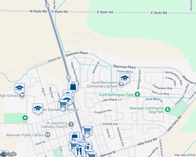 map of restaurants, bars, coffee shops, grocery stores, and more near 738 Balsam Drive in Newman