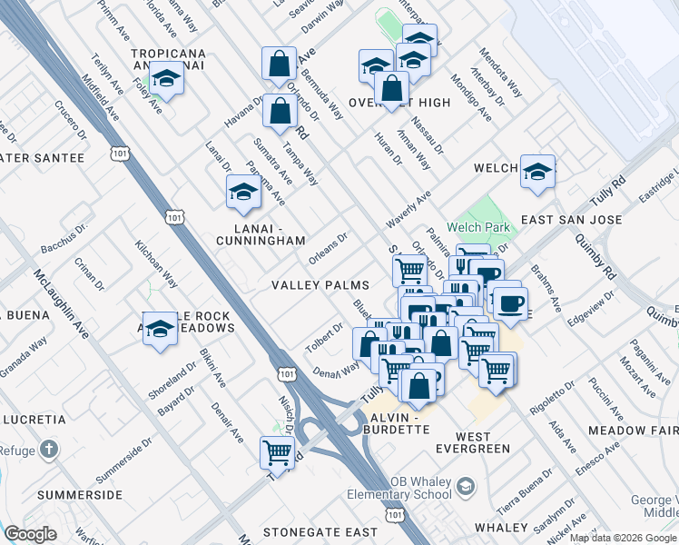 map of restaurants, bars, coffee shops, grocery stores, and more near 1632 Waverly Avenue in San Jose