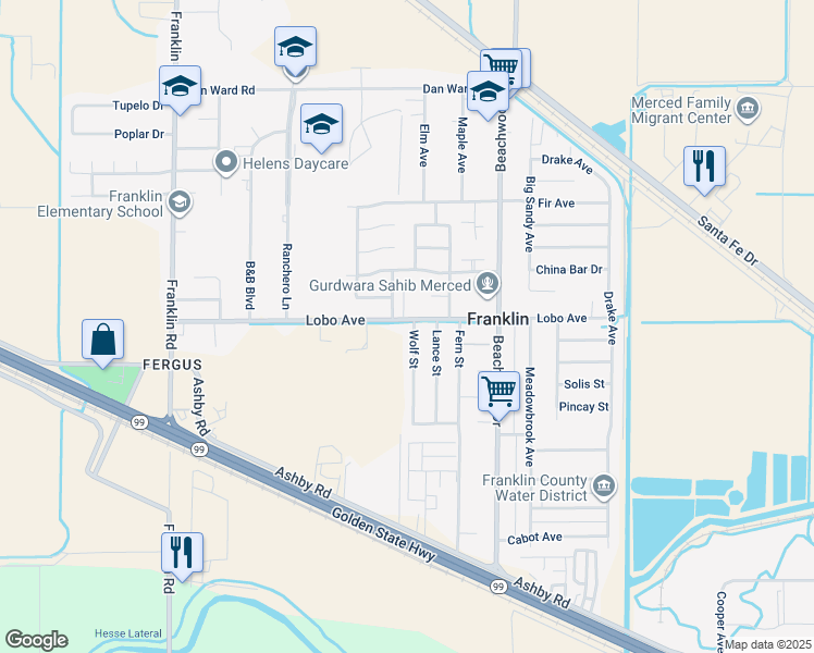 map of restaurants, bars, coffee shops, grocery stores, and more near 2487 Wolf Street in Merced