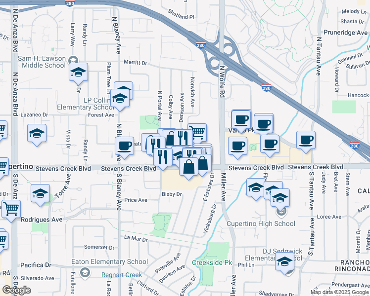 map of restaurants, bars, coffee shops, grocery stores, and more near 19683 Wheaton Drive in Cupertino