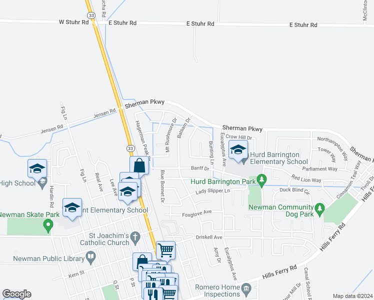 map of restaurants, bars, coffee shops, grocery stores, and more near 743 Black Mountain Lane in Newman
