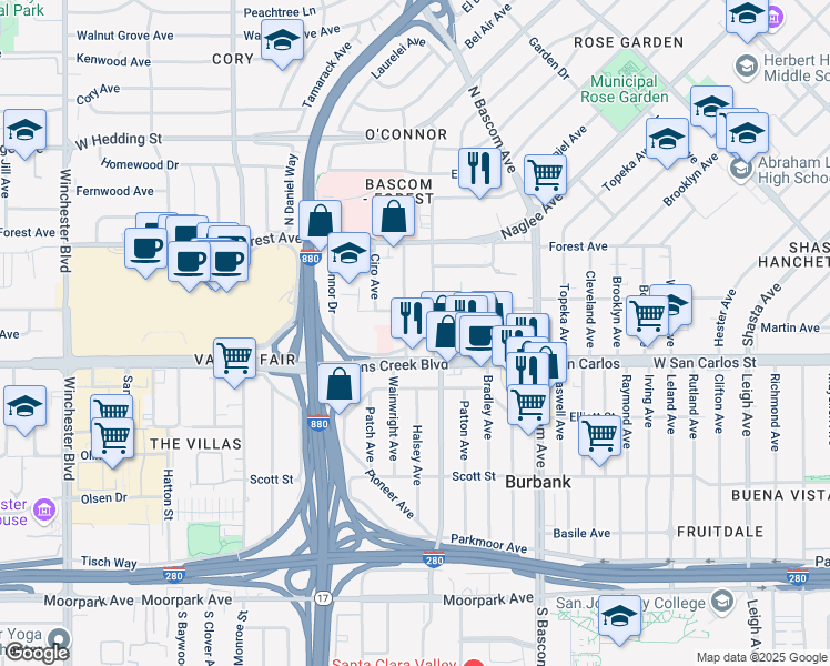 map of restaurants, bars, coffee shops, grocery stores, and more near 240 Di Salvo Avenue in San Jose