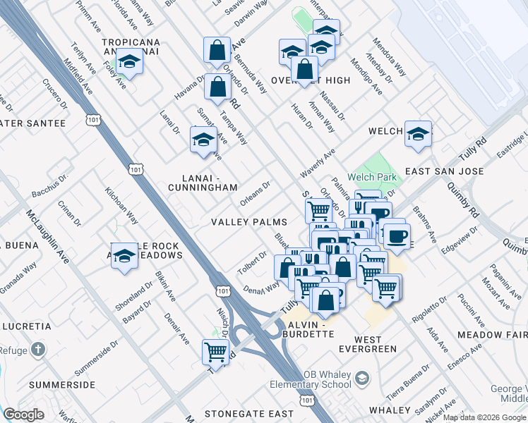 map of restaurants, bars, coffee shops, grocery stores, and more near 1632 Waverly Avenue in San Jose