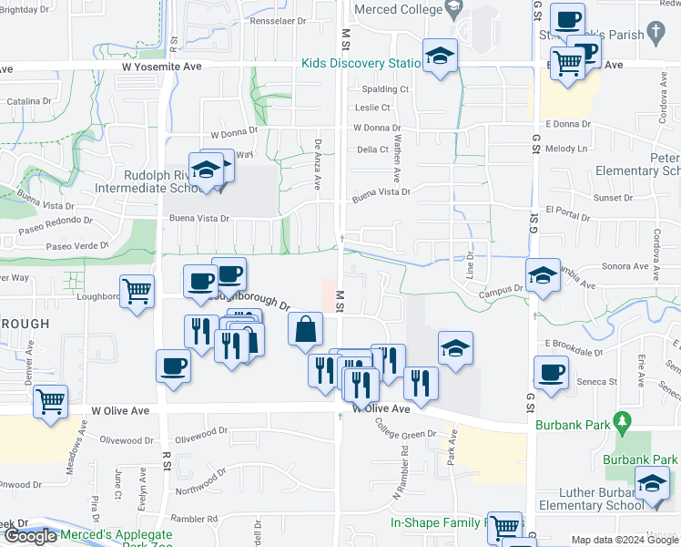 map of restaurants, bars, coffee shops, grocery stores, and more near 3318 M Street in Merced