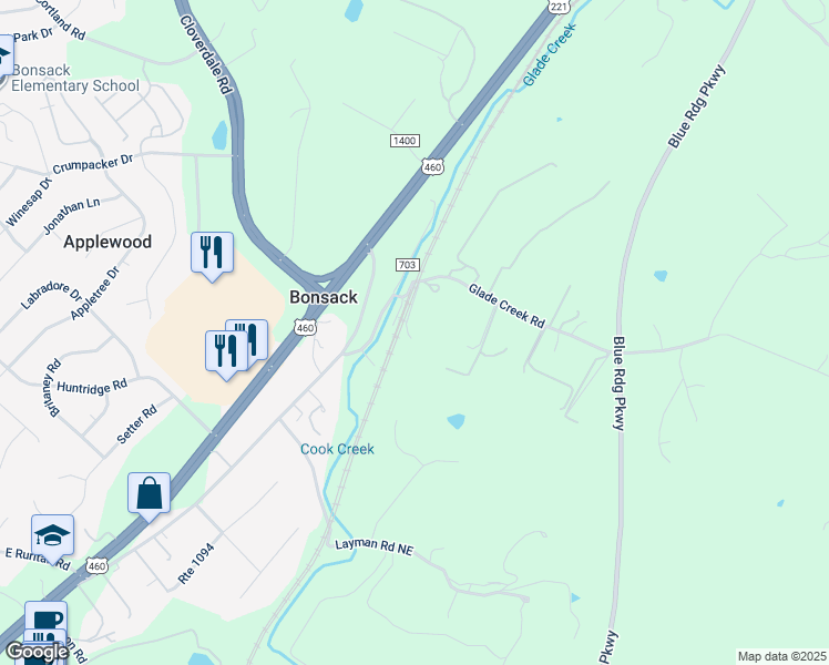 map of restaurants, bars, coffee shops, grocery stores, and more near 4854 Sidetrack Road in Roanoke