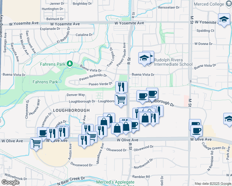 map of restaurants, bars, coffee shops, grocery stores, and more near 1125 Loughborough Drive in Merced