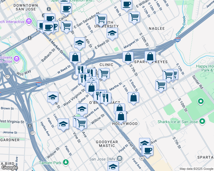 map of restaurants, bars, coffee shops, grocery stores, and more near 828 South 3rd Street in San Jose