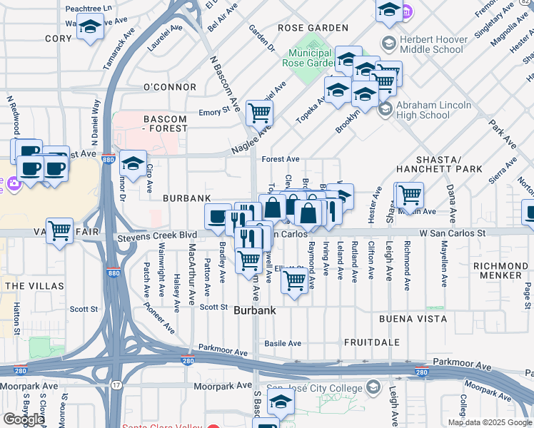 map of restaurants, bars, coffee shops, grocery stores, and more near 50 Topeka Avenue in San Jose