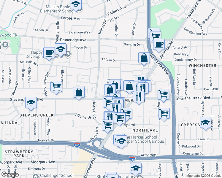 map of restaurants, bars, coffee shops, grocery stores, and more near 236 Buckingham Drive in Santa Clara