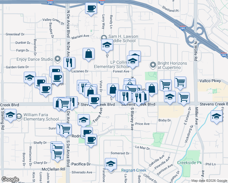 map of restaurants, bars, coffee shops, grocery stores, and more near 10107 Randy Lane in Cupertino