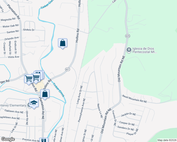 map of restaurants, bars, coffee shops, grocery stores, and more near 4792 Pennsylvania Avenue Northeast in Roanoke