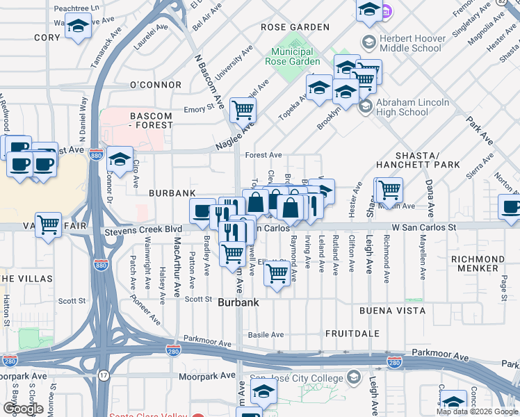 map of restaurants, bars, coffee shops, grocery stores, and more near 32 Topeka Avenue in San Jose