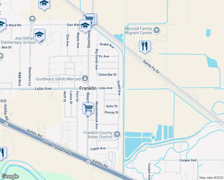 map of restaurants, bars, coffee shops, grocery stores, and more near 2056 Lobo Avenue in Merced