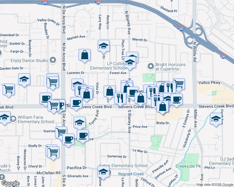 map of restaurants, bars, coffee shops, grocery stores, and more near 20094 Wheaton Drive in Cupertino