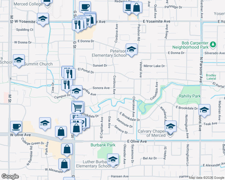 map of restaurants, bars, coffee shops, grocery stores, and more near 568 Sonora Avenue in Merced