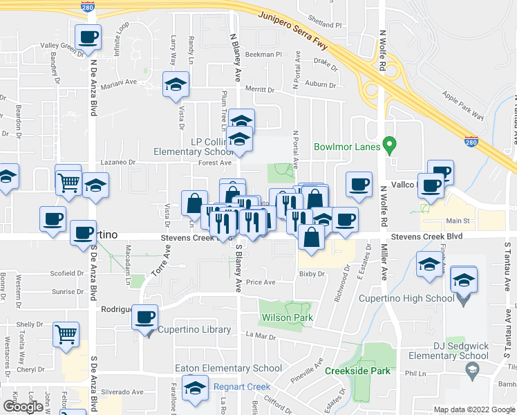map of restaurants, bars, coffee shops, grocery stores, and more near 19934 Wheaton Dr in Cupertino