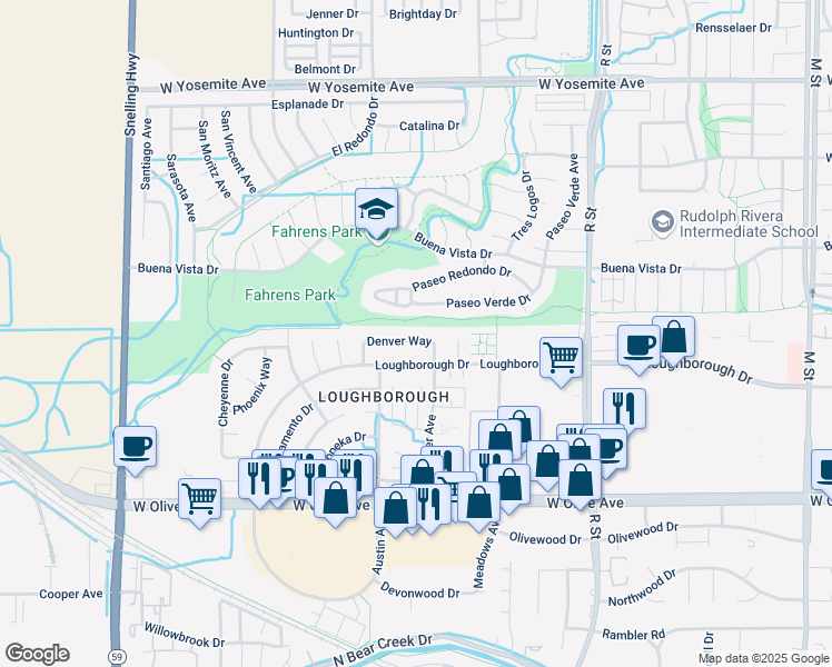 map of restaurants, bars, coffee shops, grocery stores, and more near 1437 Denver Way in Merced