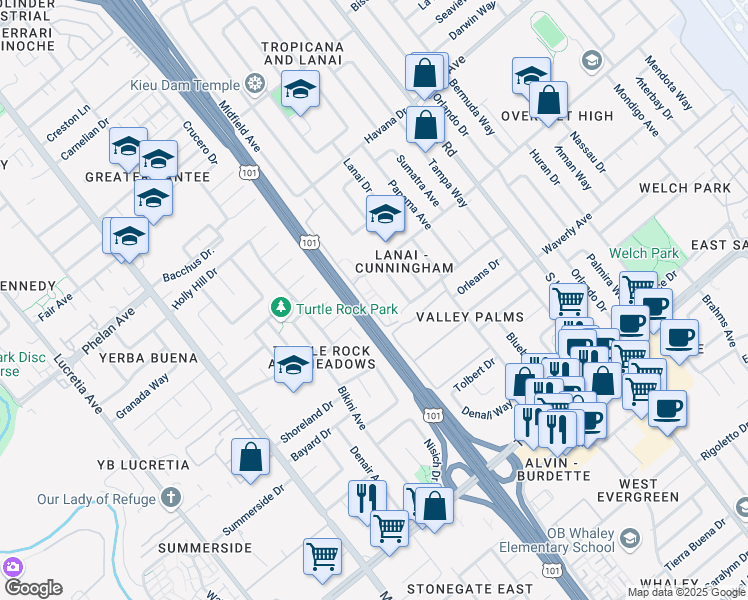 map of restaurants, bars, coffee shops, grocery stores, and more near 1880 Midfield Avenue in San Jose