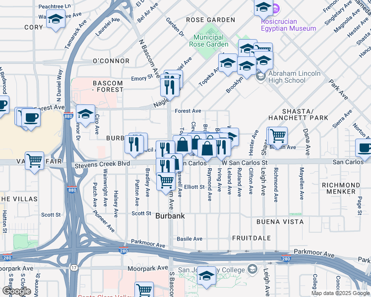 map of restaurants, bars, coffee shops, grocery stores, and more near 50 Topeka Avenue in San Jose