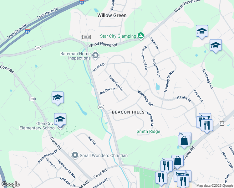 map of restaurants, bars, coffee shops, grocery stores, and more near 5421 Loblolly Drive in Roanoke