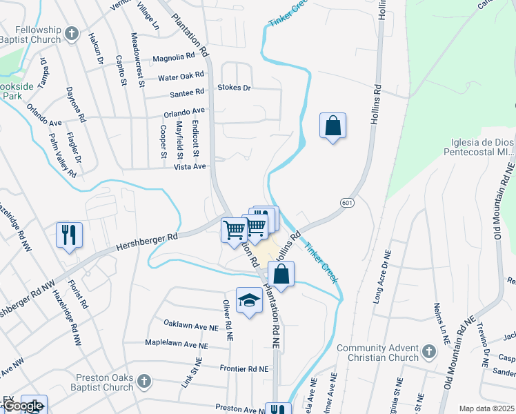 map of restaurants, bars, coffee shops, grocery stores, and more near 4919 Summerville Lane in Hollins