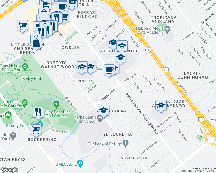 map of restaurants, bars, coffee shops, grocery stores, and more near 1717 Fairplace Court in San Jose