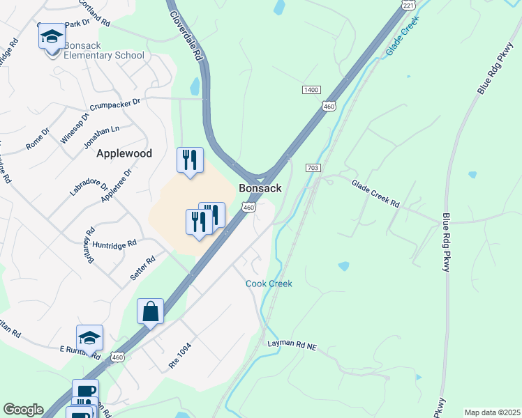 map of restaurants, bars, coffee shops, grocery stores, and more near 4643 Cook Creek Road in Roanoke