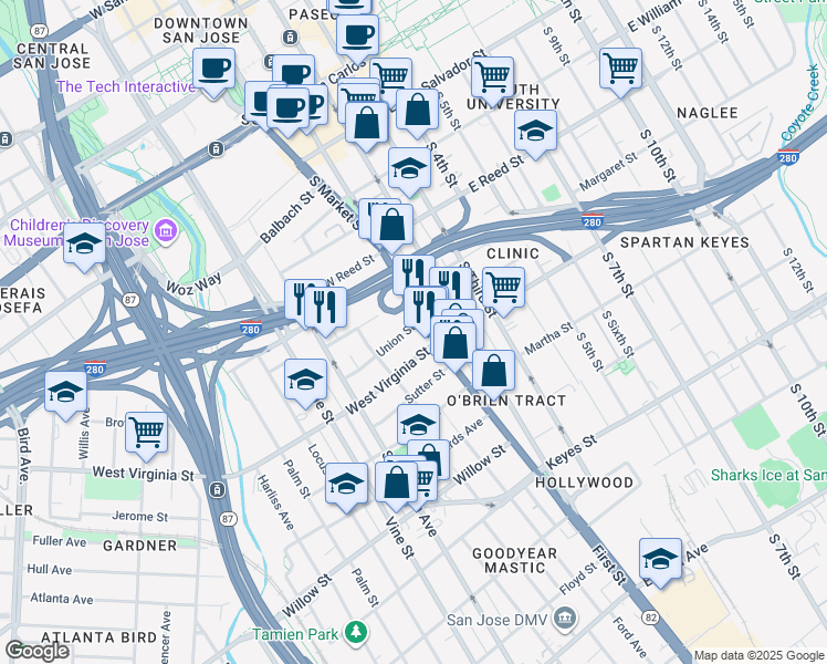 map of restaurants, bars, coffee shops, grocery stores, and more near 743 South 1st Street in San Jose