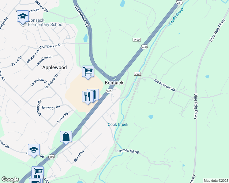 map of restaurants, bars, coffee shops, grocery stores, and more near 4643 Cook Creek Road in Roanoke