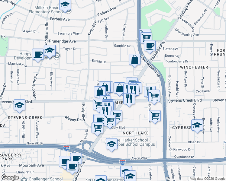 map of restaurants, bars, coffee shops, grocery stores, and more near 50 Saratoga Avenue in Santa Clara